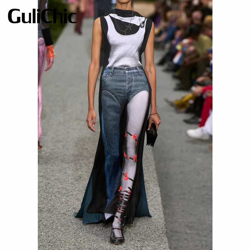 6.13 GuliChic Women Street 3D Denim Print Sleeveless High Waist Long Dress