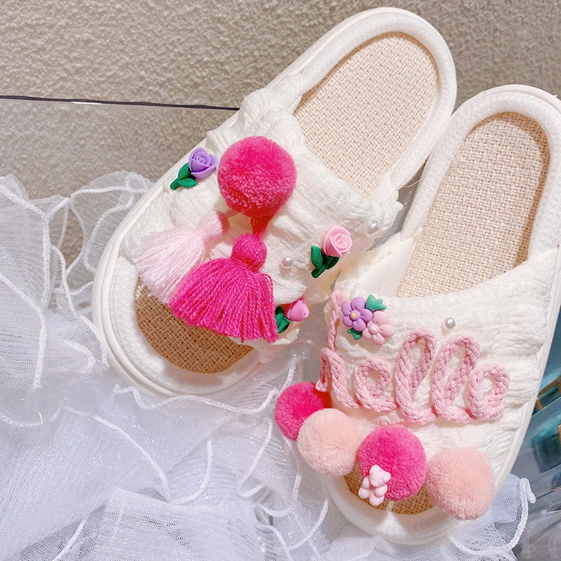 Fashion Spring Summer Cotton Linen Women Slippers Flower Lace Bow Tassels EVA Thick Sole Indoor Home Ladies Sandals Slides Shoes