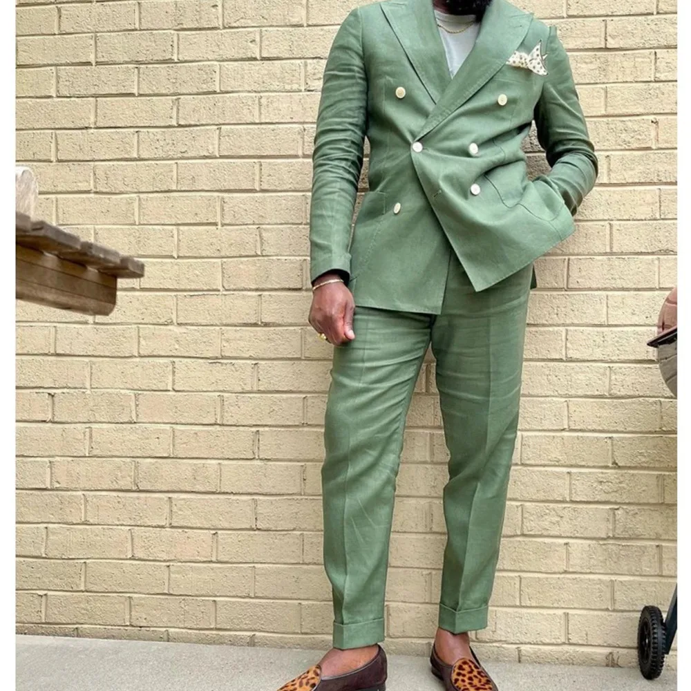 

Fashion Vintage Green Double Breasted Men Suits Slim Fit 2 Pcs Wedding Groom Prom Terno Masculino Custom Man Blazer Jacket+Pant