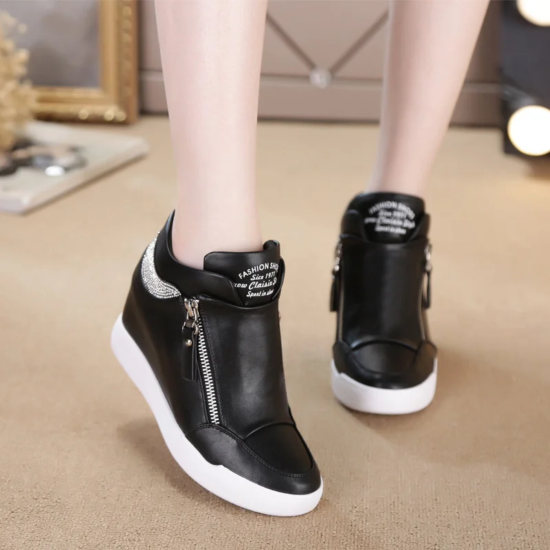 White Black Wedge Platform Shoes Women Sneakers 8CM Hidden Heels Shoes Woman Fashion Casual Sneaker Ladies Leather Shoes