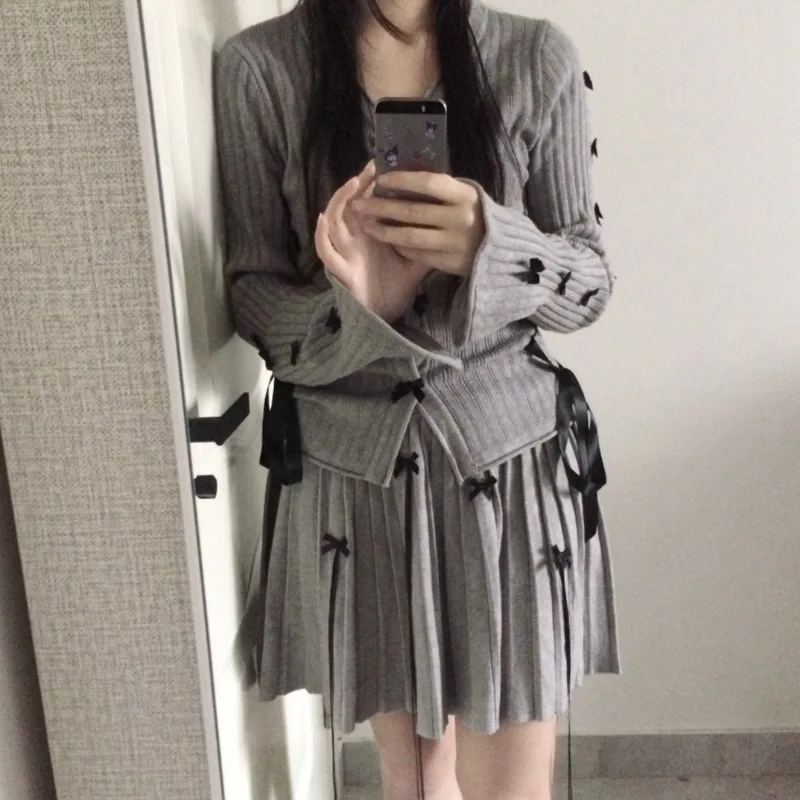 Серые вязаные кардиганы в корейском стиле Deeptown молодежные женские винтажные