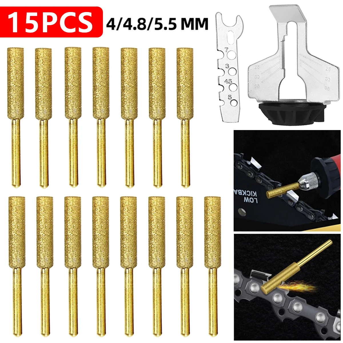 

15 шт. точилка для бензопилы, цилиндрическая заточка с алмазным покрытием 4/4, 8/5, 5 мм, цепная пила, точильный камень, пилка, резьба, набор шлифовальных инструментов