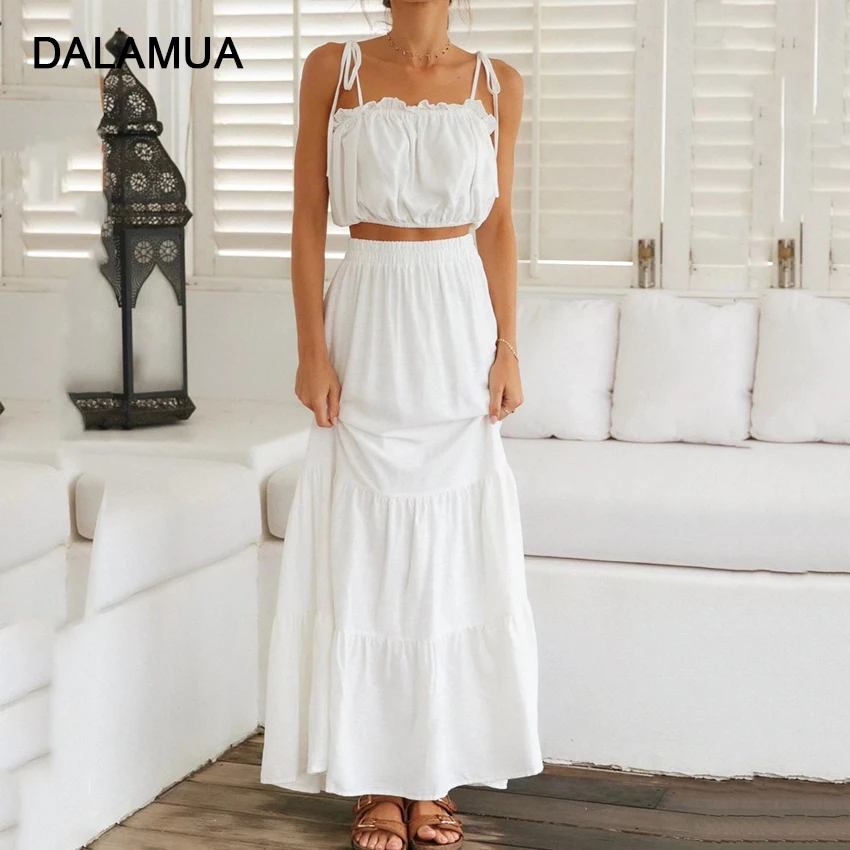 

Causal Women Skirts Suits Sleeveless Crop Top Pleated Skirt 2022 Summer Fashion Loose Office Lady Solid White New Two Piece Sets