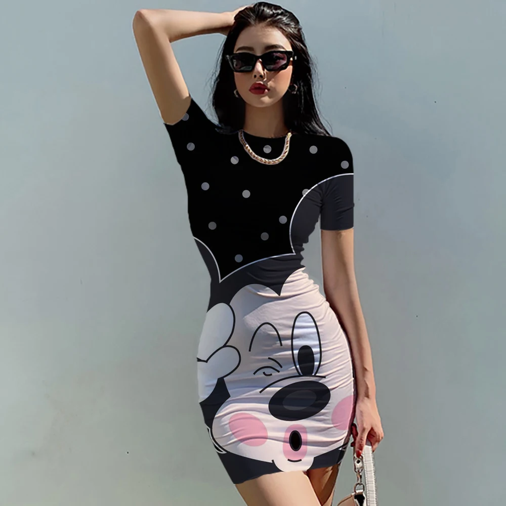 Disney Mickey Mouse Woman Dresses Elegant Dress Office Tight Slim Lady O Neck Summer Casual Cartoon 3D print Mini Dress Vestidos images - 6