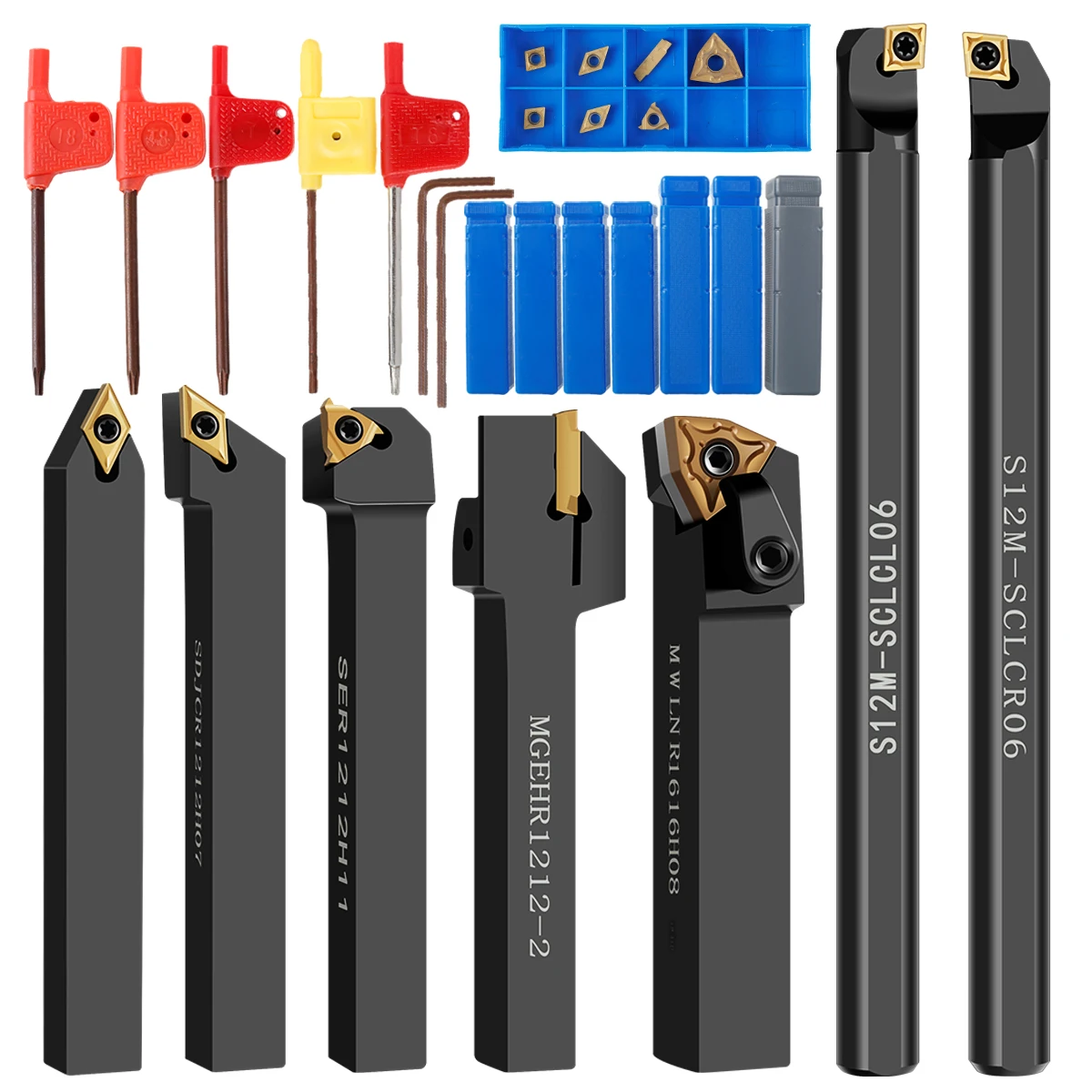 

21Pcs Lathe Turning Tool 12mm Shank Lathe Cutting Holder Boring Bar Lathe Tools Carbide Turning Rod Holders and Inserts