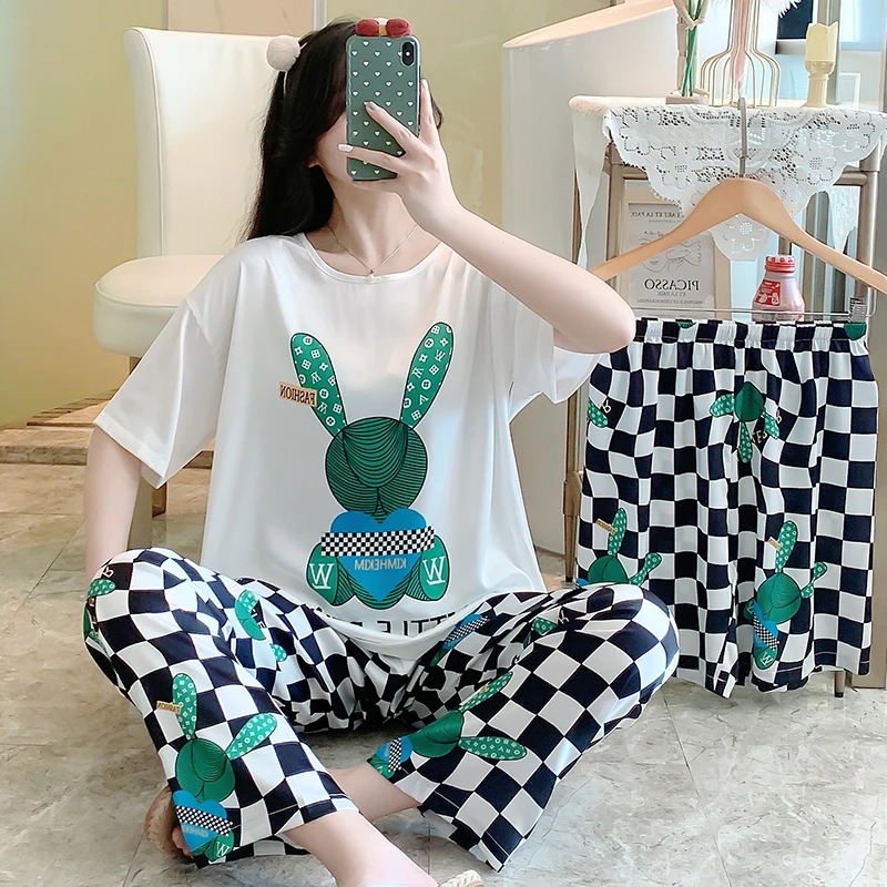 

Luxury 3PC Silk Pants Sleep Suit Womens Satin Rabbit Cute Pajamas Shorts Set O-Neck Nighties Wear Pijama Home Nightwear Summer