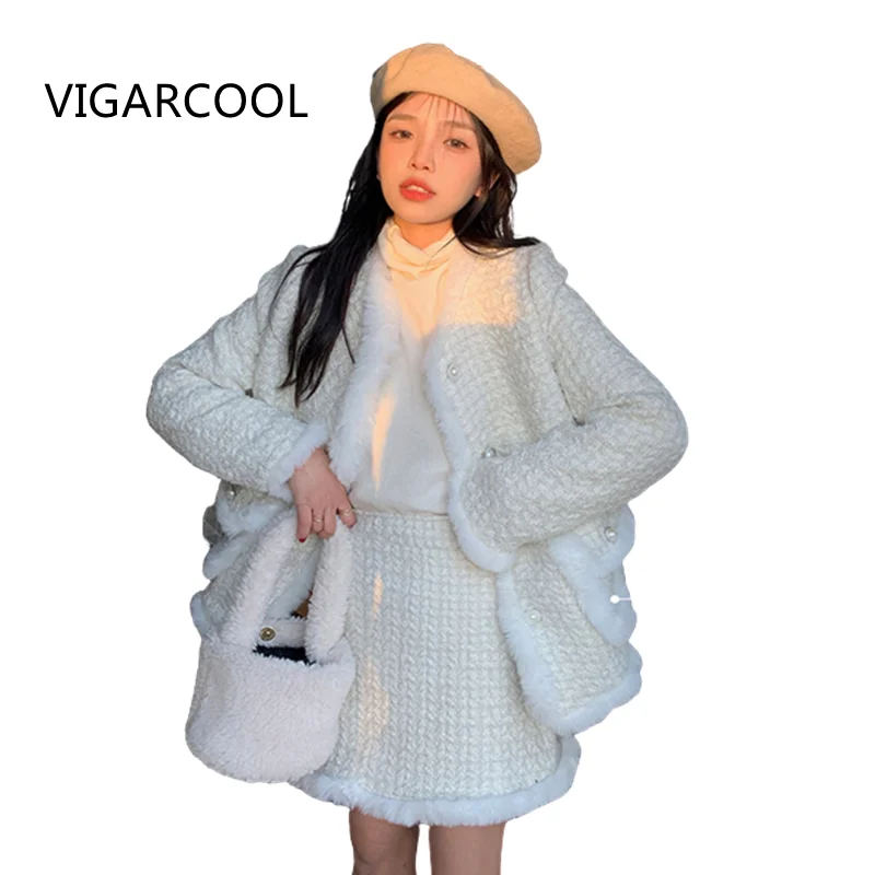 Milky white cotton Coat Suit Winter new style elegant top+short Skirt two-piece Fashion elegant small fragrant cotton suit Women