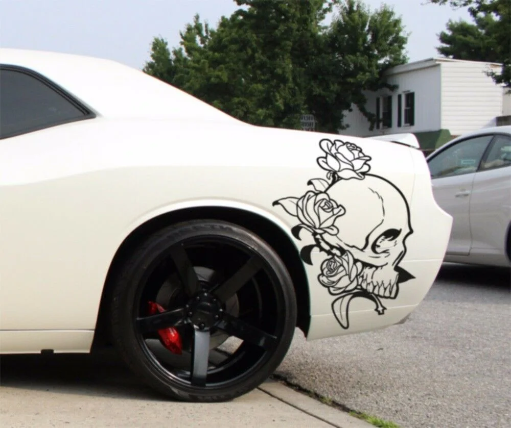 

For 2x Pair Skull Roses Rock 4x4 Graphic Fender Side Car Truck Vinyl Sticker Decal