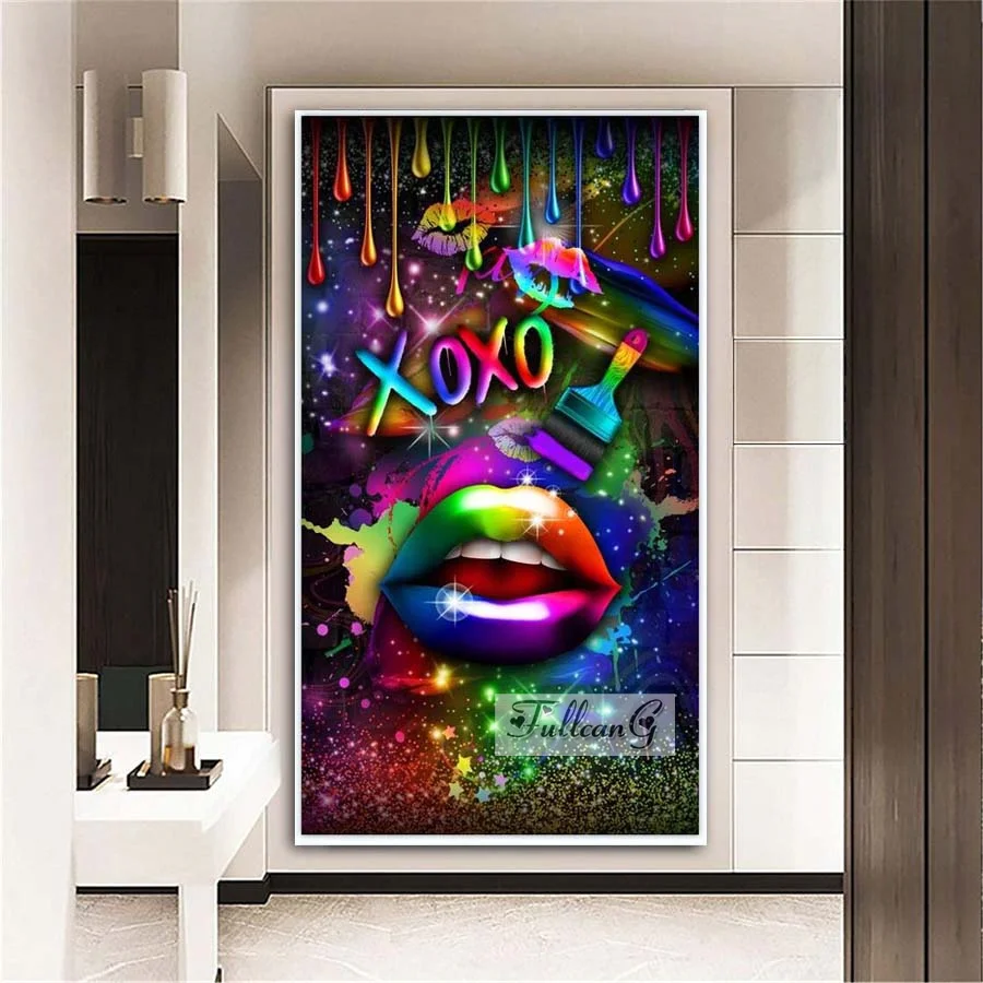 

FULLCANG large size diamond painting graffiti mosaic art 5d diy full rhinestone embroidery colorful lips home decor FG1542