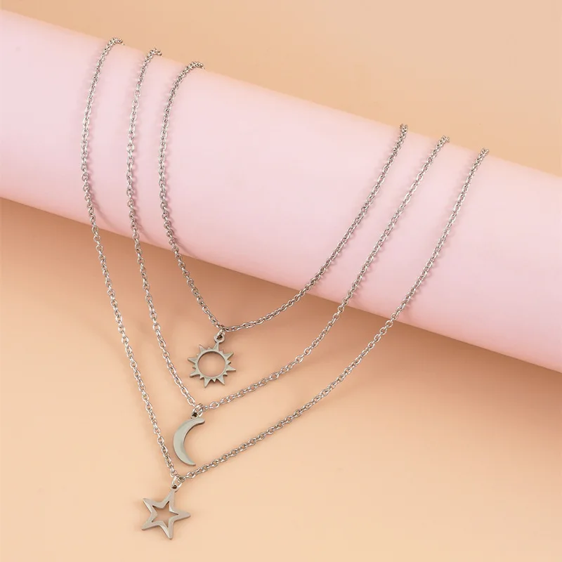 

New Sun Moon Star Stainless Steel Necklace Creative Best Friend Sun Moon Star Clavicle Necklace Holiday Gift