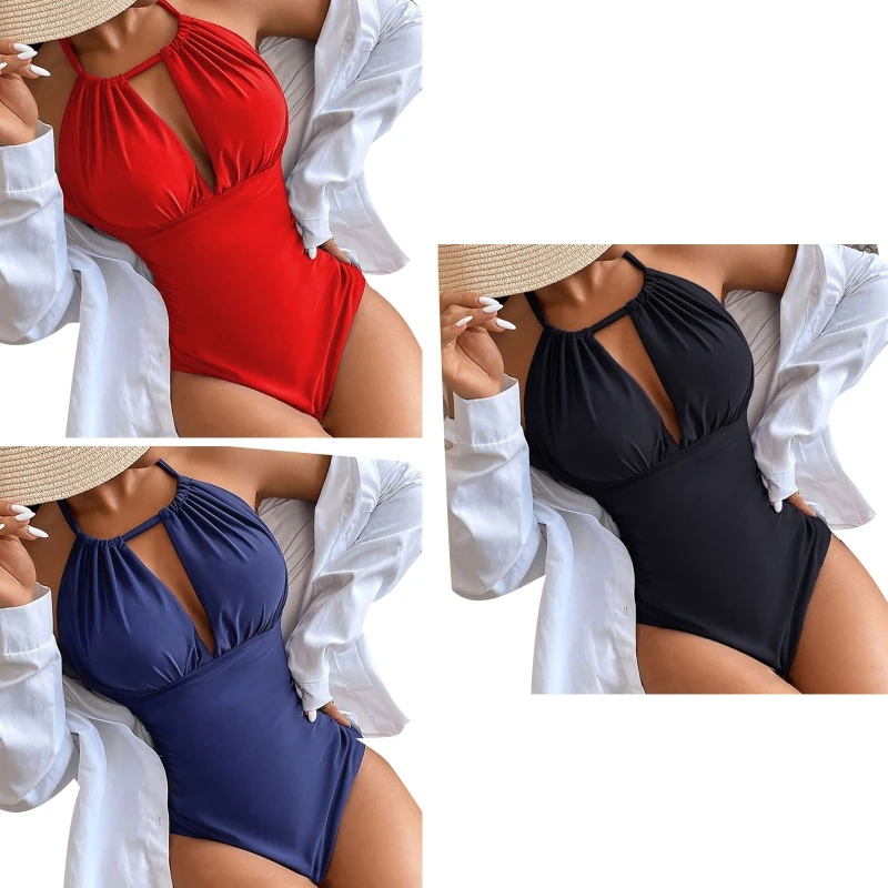 

Women Swimsuit High Leg One-piece Backless Swimwear Solid Color Spaghetti Straps