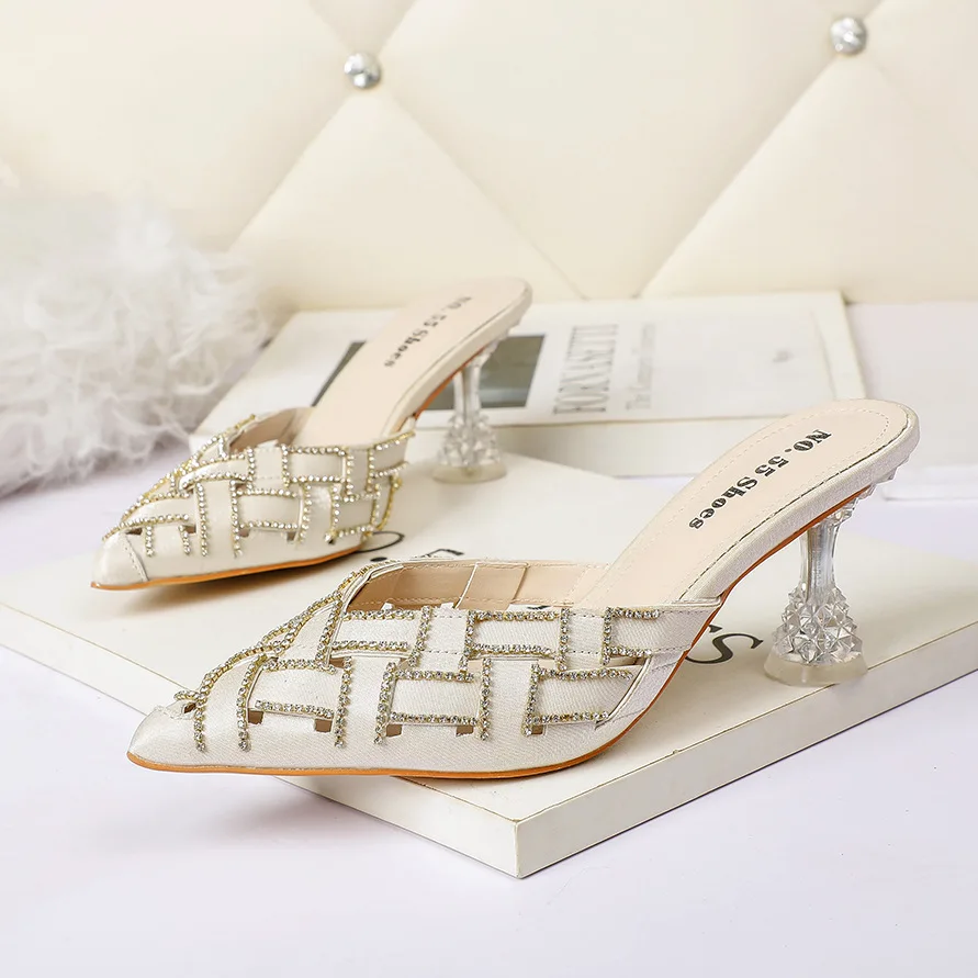 

Women Shoes Rhinestones Mules Luxury Spike Heels Slippers Pointed Toe Slides Slip on Pump Fashion Shallow Sandals Apricot Black