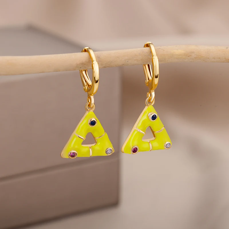 

New Simple Enamel Triangle Pendant Hoop Earring Women Geometric Creative Zircon Bead Decro Earrings Fashion Jewelry Gift Brincos