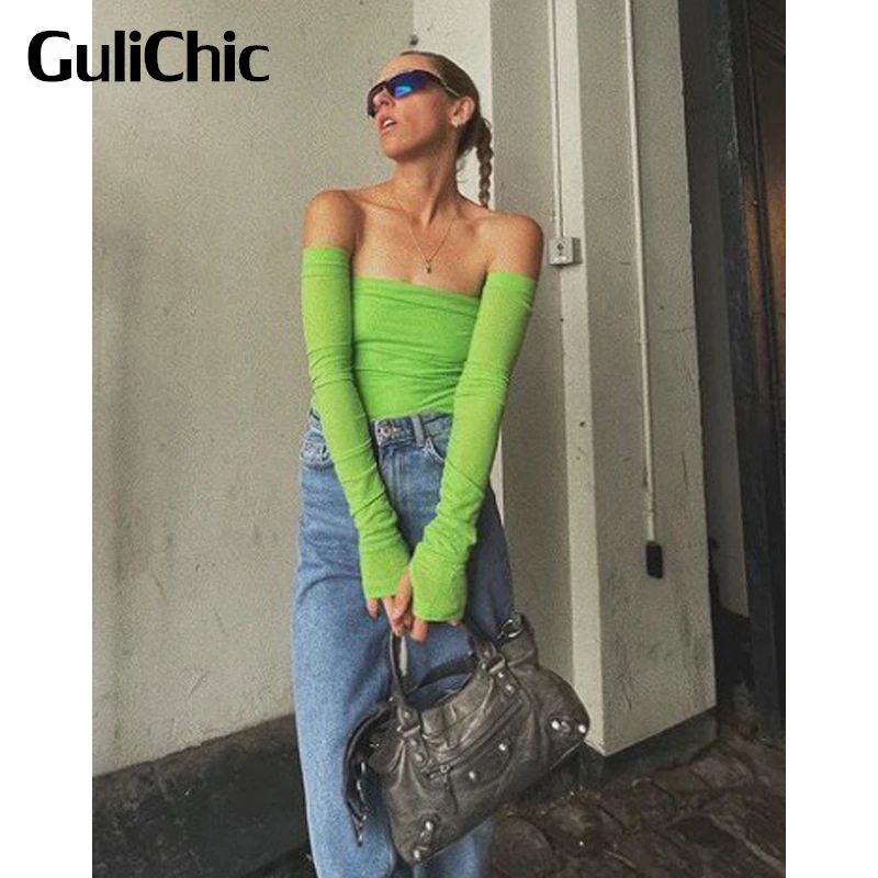 

8,31 г., GuliChic, Женская Уличная Сексуальная облегающая трикотажная футболка с открытыми плечами, рюшами и съемным рукавом