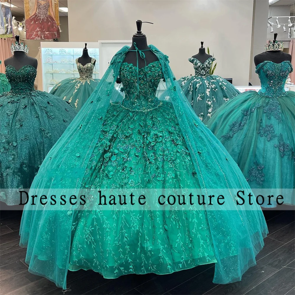 

Emerald Green Lace Ball Gown Quinceanera Dresses 2023 3D Flower Off Shoulder Applique Sweet 15 16 Dress Vestidos De Quinceañera