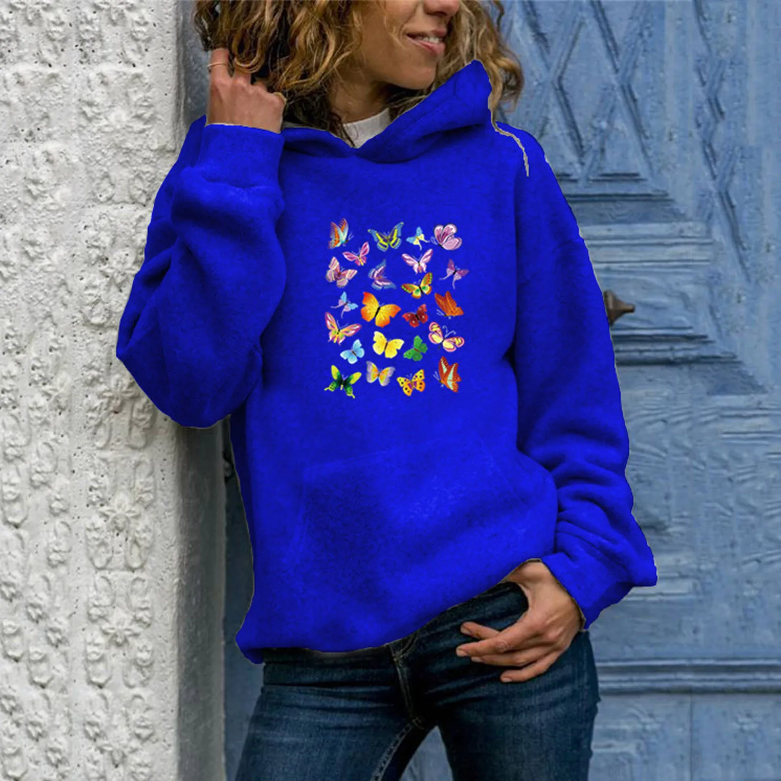 

Top Fashion Pocket Women Hooded Print Casual Sleeve Sweatshirt Long Women's Tee Shirts Loose Fit Womens Tunic Long Sleeve
