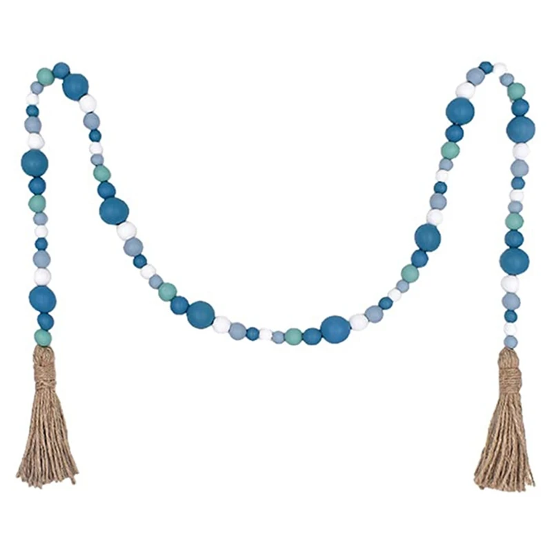

Blue Wood Bead Wreath, Nautical Farmhouse Country Style Beaded With Twine Tassels For Home Room Decor