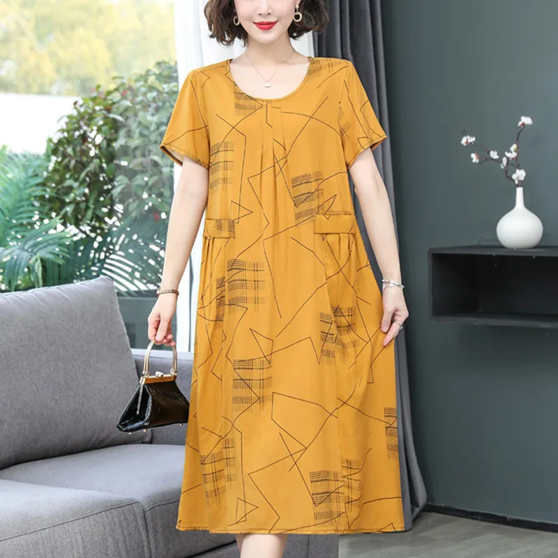 

Beardon 2023 Summer Women's Printed Cotton Silk Dress Fragmented Flower Fashion Outwear with Pockets Artificial Cotton Skirt