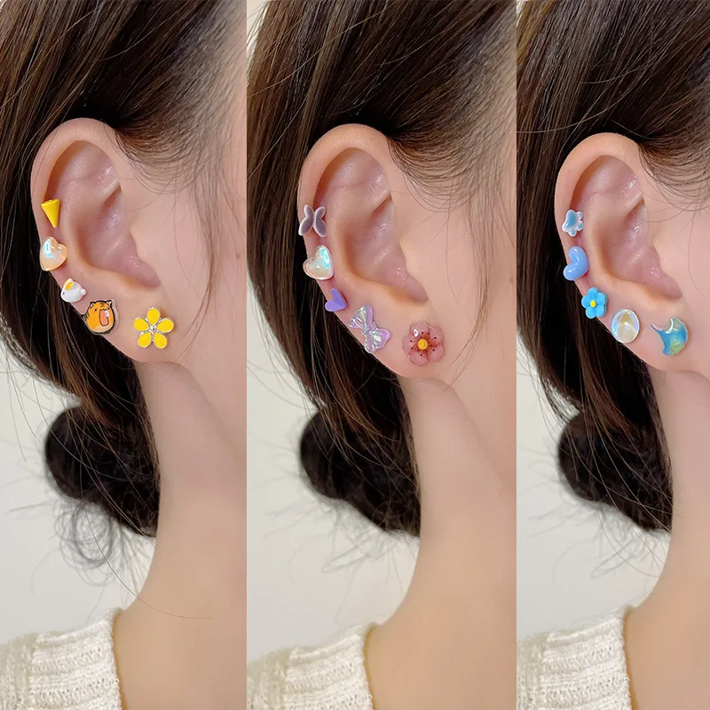 

S925 Silver Needle Fresh and Cute Cartoon Resin Ceramic One Week Female Earrings Set Ins All-match Trendy Earrings