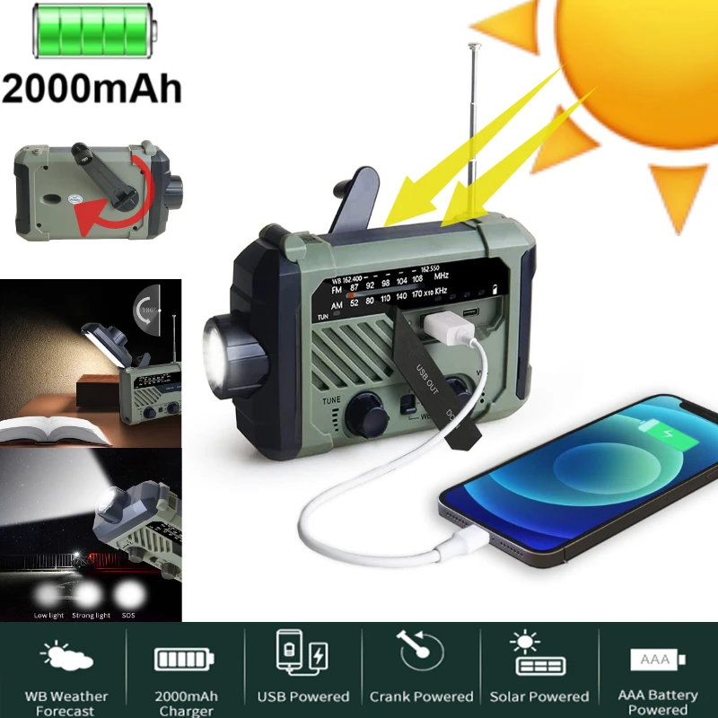 

SOS Portable Solar Hand Crank Radio AM FM Outdoor Emergency Flashlight Reading Lamp Manual/USB/solar/Battery Charging Power Bank