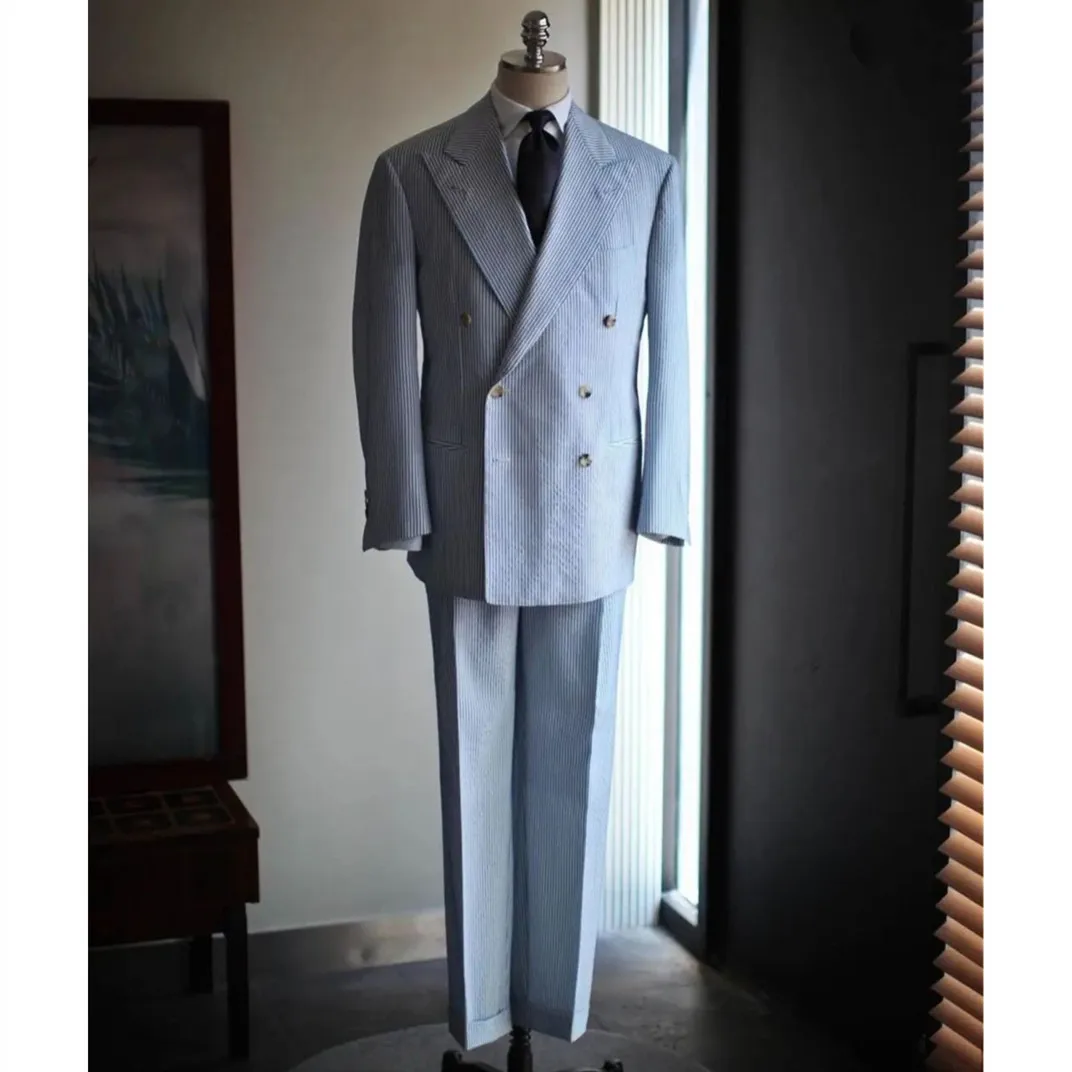 Tailored 2 Pieces Blazer Pants Double Breasted Peaked Lapel Pinstripes Slim Wedding Groom Tailored Plus Size