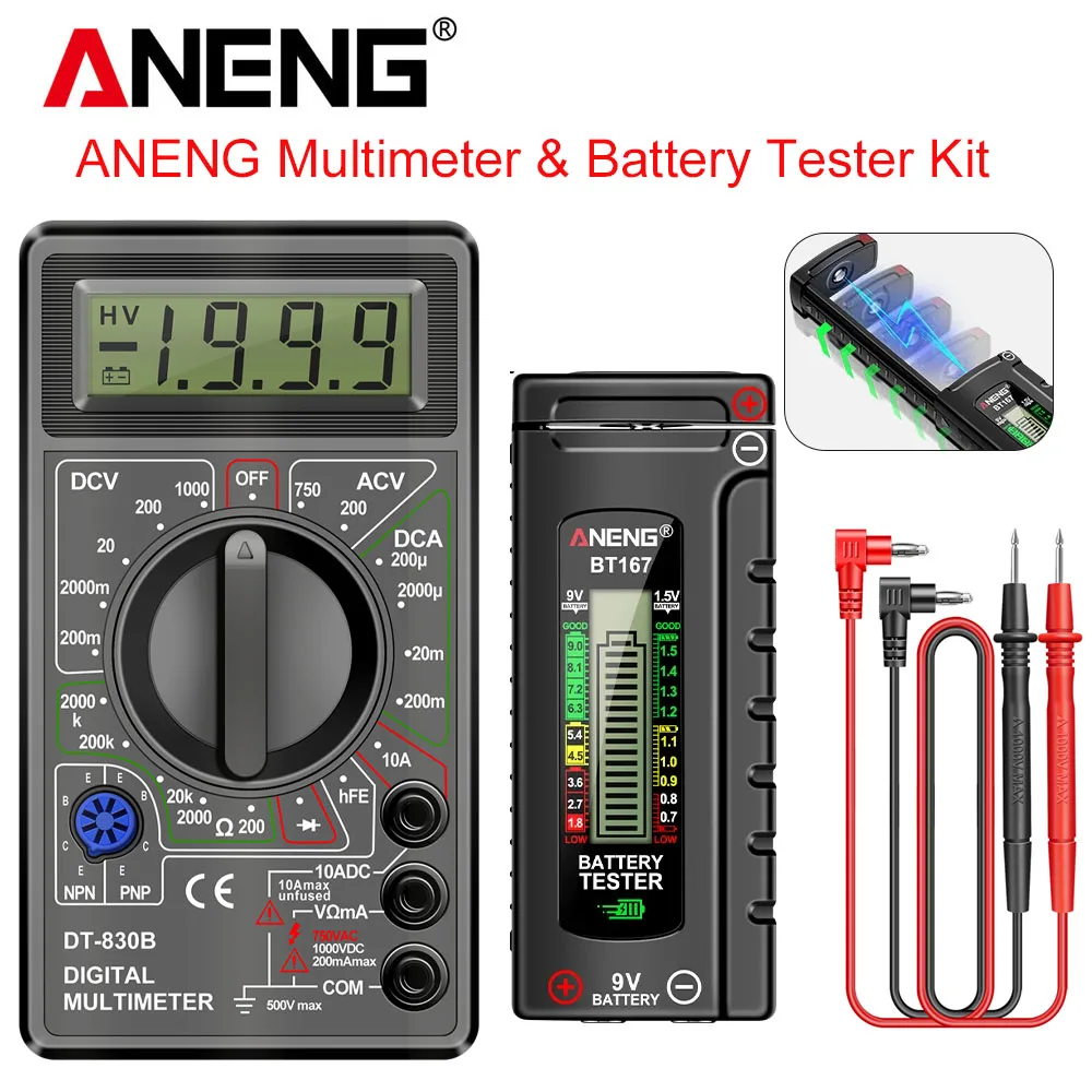 Фото Мультиметр ANENG Pro Kit DT830B+BT167 с тестером батарей, 1999 показаний, тест HFE/диодов, проверка батарей AA/AAA/9V, инструменты для дома и DIY №1