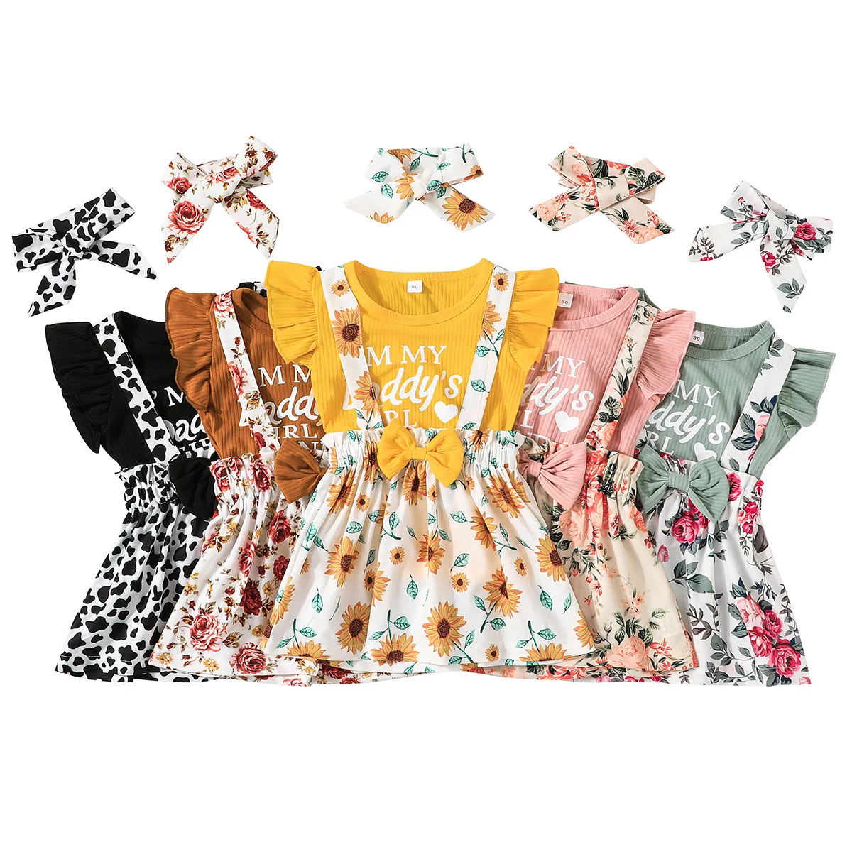 

3 Pieces Kids Suit Set Baby Girl Clothes Summer Solid Color O-Neck Fly Sleeve Tops+ Floral Suspender Skirt+ Headband for Girls 3
