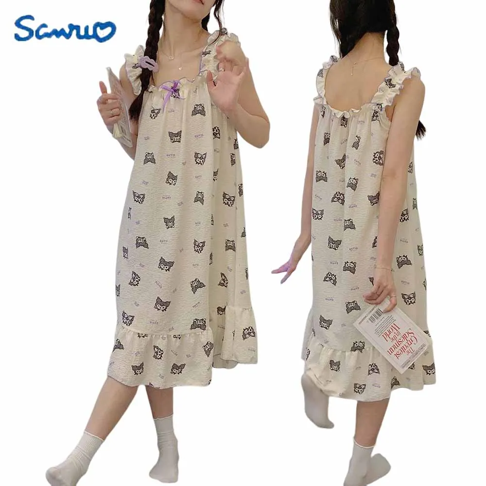 

Kawaii Nightdress Sanrioed Kuromi Cute Cartoon Girl Pyjama Summer Sexy Sweet Suspenders Dress Women Home Wear Suit Long Skirts