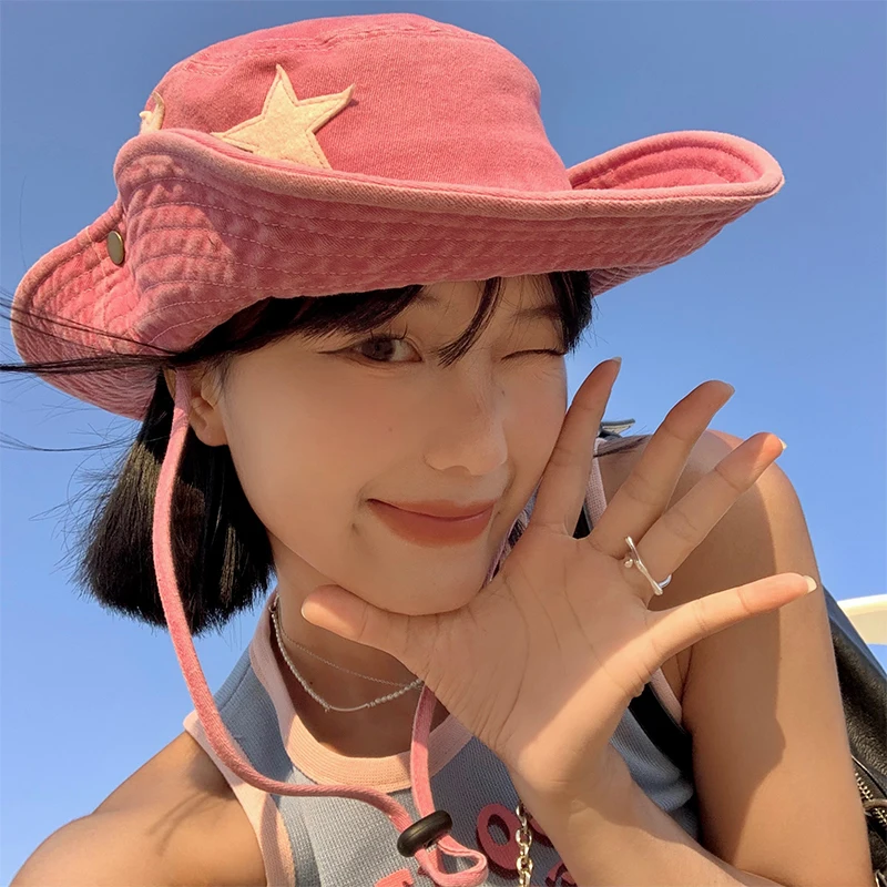

Складная Летняя джинсовая шляпа Y2K Cowgirls для рыбалки, для походов, розовая шляпа от солнца, защита от УФ лучей