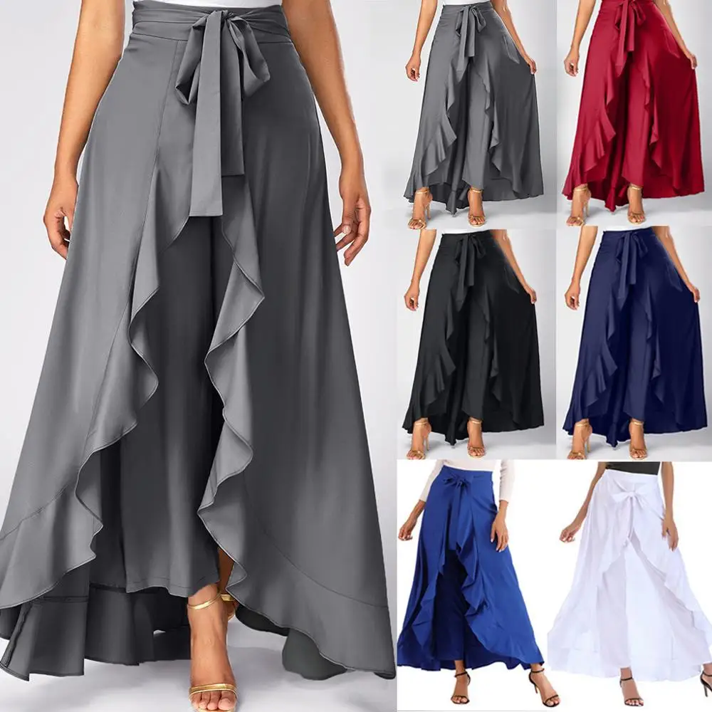 

Summer irregular Skirts Womens Solid Front Overlay Pants Ruffle Skirts Fashion Ladies Belt Boho Long Skirt falda mujer 2020