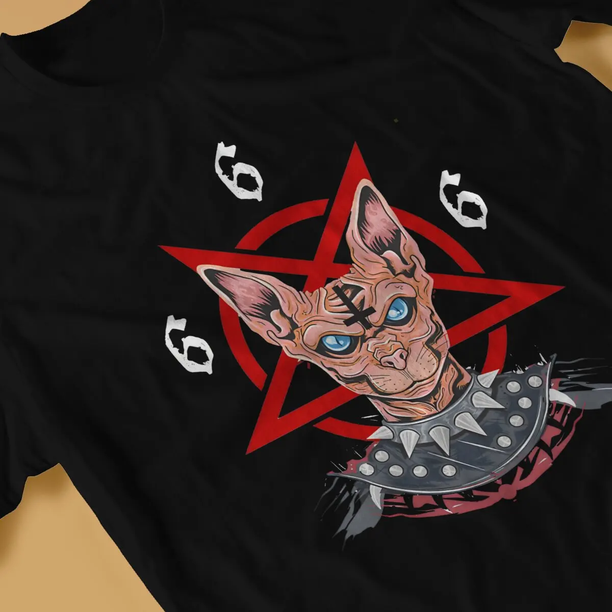 Черный металлический мужской топ в виде кошки и пентаграммы 666