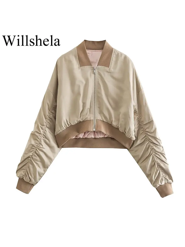 

Willshela Women Fashion Silk Solid Front Zipper Cropped Bomber Jackets Vintage V-Neck Long Sleeves Female Chic Lady Top Outfits