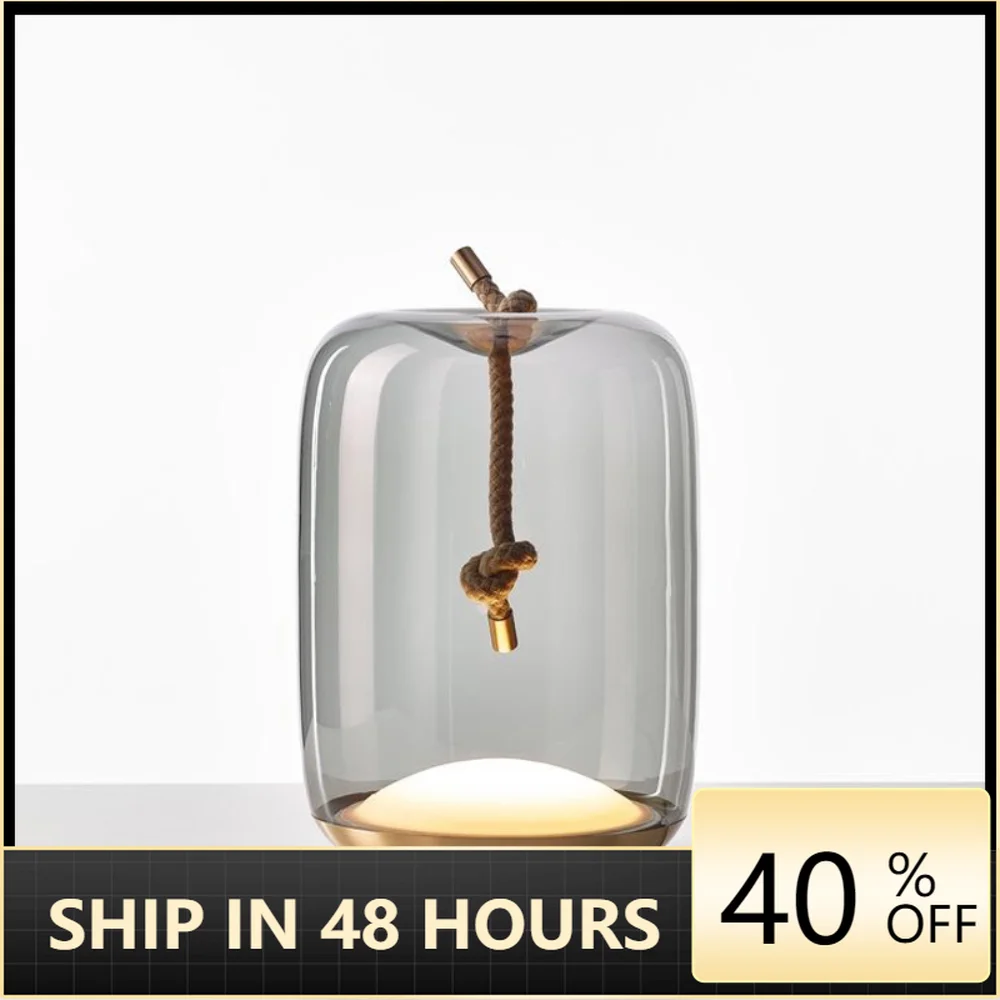 

Nordic creative smoke gray glass living room LED table lamps hemp roped decoration iron bedroom study desk lights