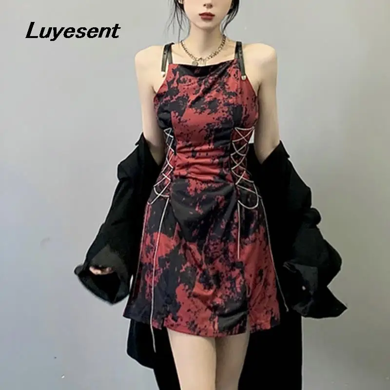 

Gothic Female Red Tie Dye Mini Cool Dress 2022 Summer Y2k Girl Lace-up Long Chains Sleeveless Empire Goth Dresses Mujer Vestidos