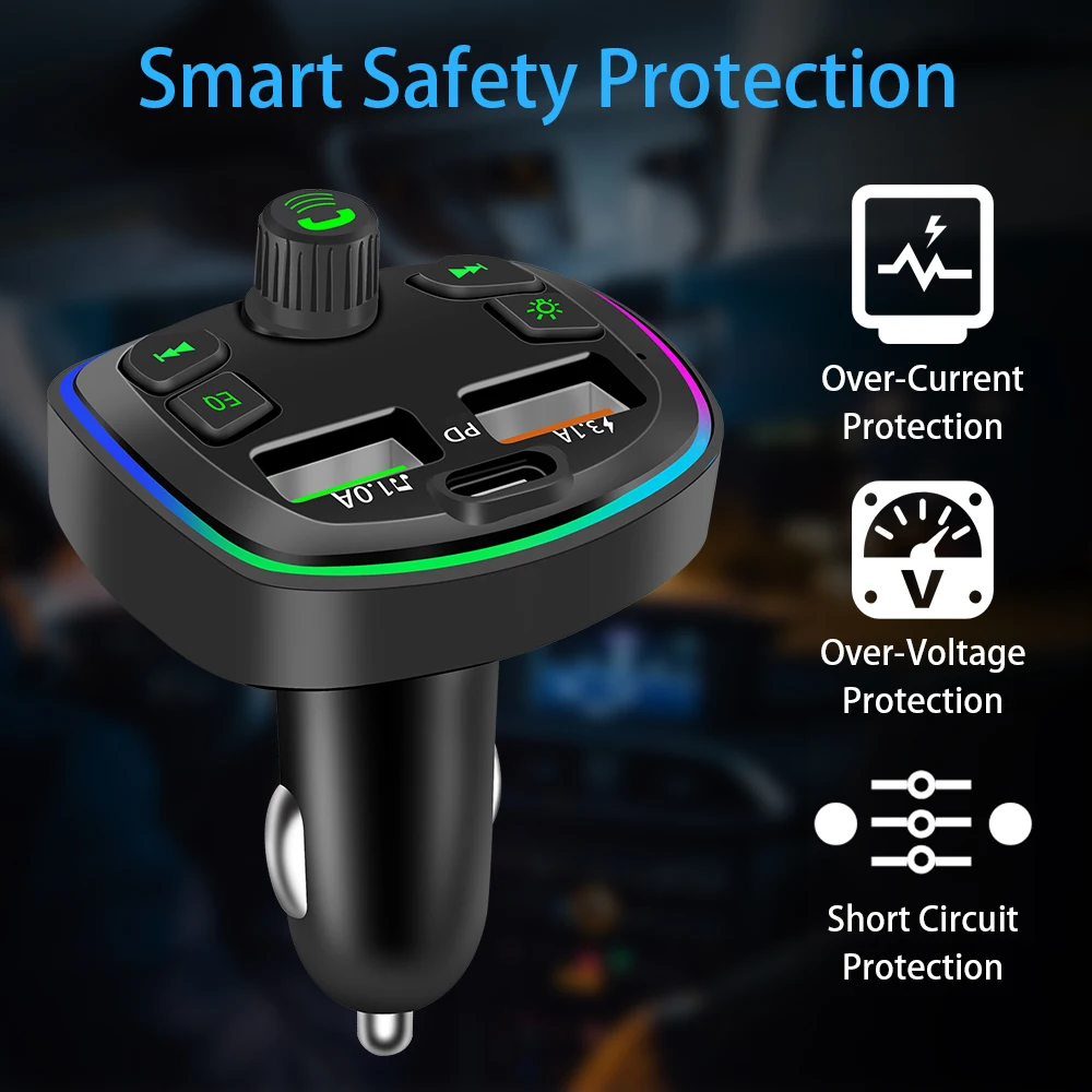 

FM-трансмиттер автомобильный с поддержкой Bluetooth 5,0 и светодиодный USB-портами, 18 Вт