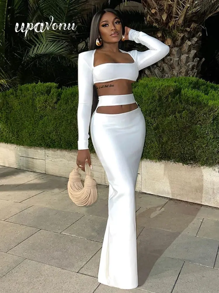 High Street Women's Bandage Skirt Sets 2022 Summer Long Sleeve Sexy Short Jacket & Hollow High Waist Long Skirt Two Piece Set