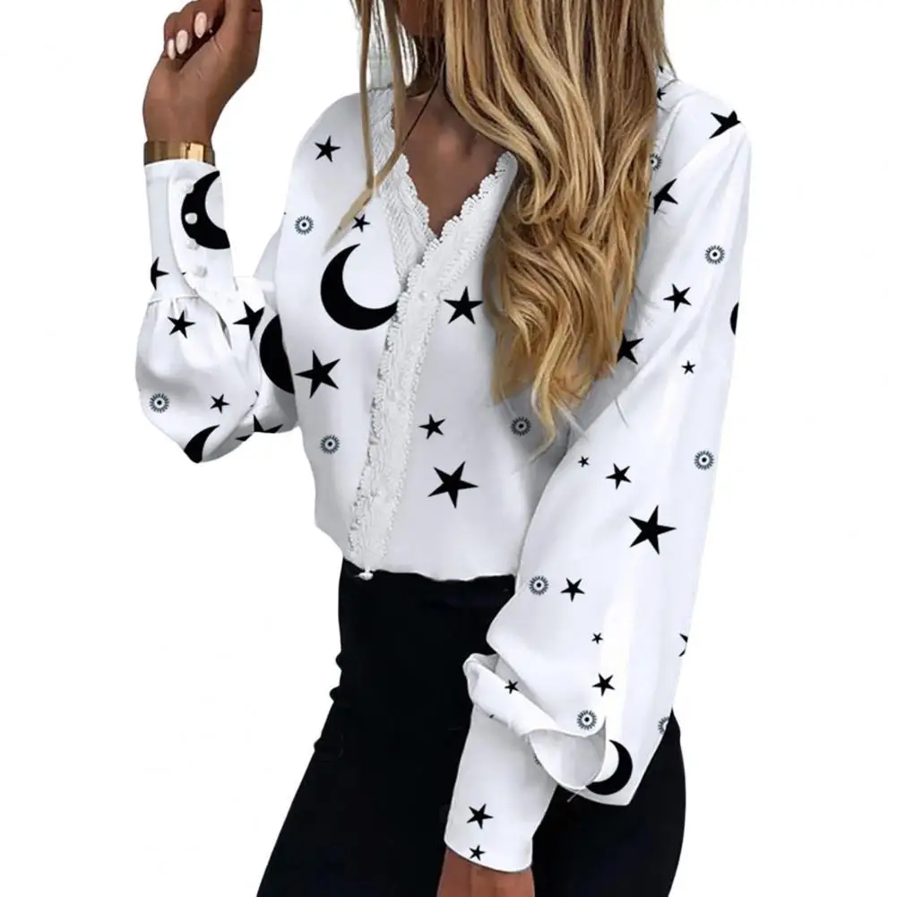 

Long-sleeved V-neck Button Ladies Shirt Single-breasted Laciness Patchwork Flower Print Shirt Blouse Office Streetwear 2022