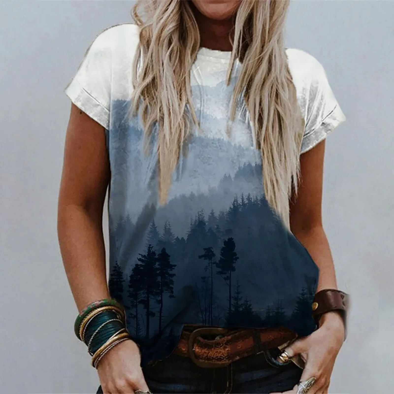 

Женский топ для отдыха, фиолетовая Большая рубашка, женский топ с принтом пейзажа, одежда художника с круглым вырезом, женская шелковая блуз...