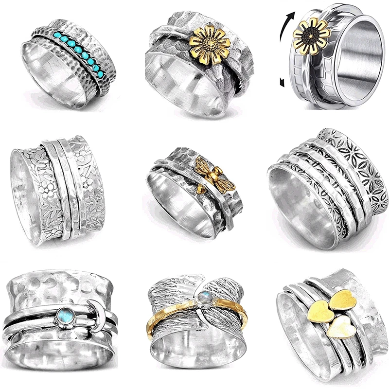 Vintage Engraving Daisy Flower Rings for Women Rotate Freely Spinning Fidget Ring Anti Stress Anxiety Ring Female Jewerly Gift