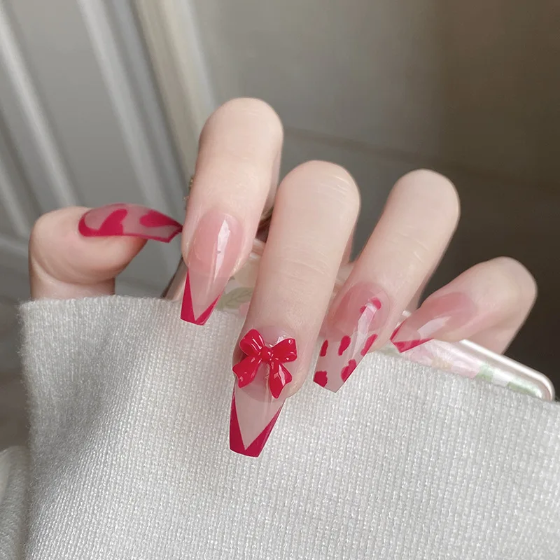 

New Red V French Coffin Nail Ballet Nail Enhancement Ultra Thin Bow False Nail Patch Butterfly Press on Nails