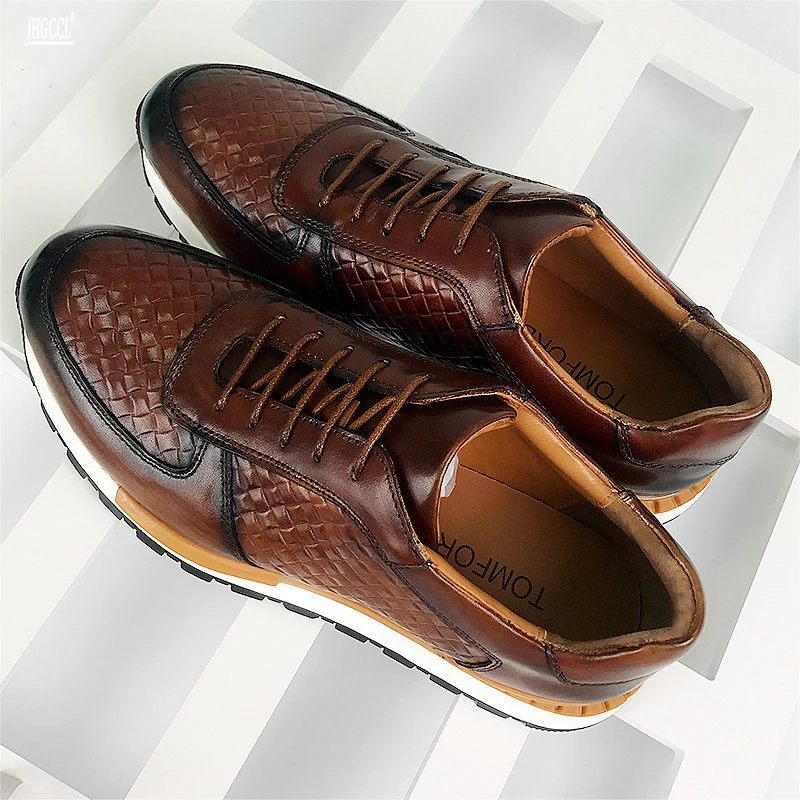 Высококачественная мужская повседневная кожаная обувь с плетеной ремеслою из