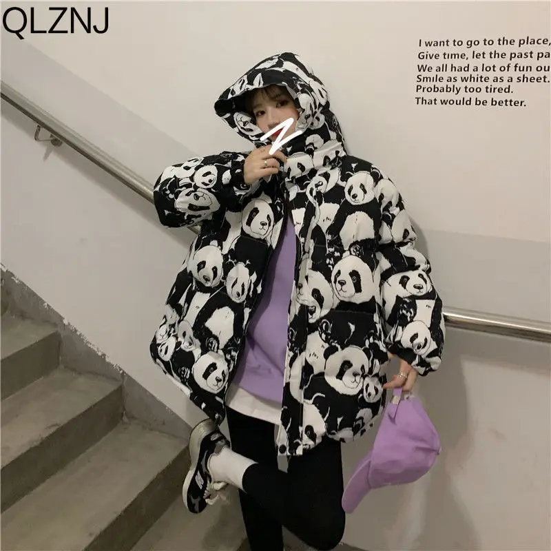 Winter Cotton Padded Clothes Women Hooded Short Parkas Ladies Cartoon Panda Print Bubble Coat Harajuku Long Sleeve Puffer Jacket