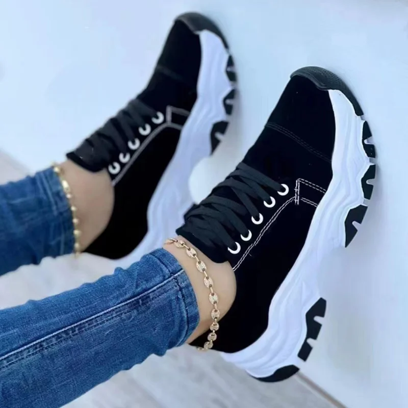 New Women Sport Shoes Casual Solid Color Sneakers Platform Lace Up Sport Shoes Breathable Comfortable Non-slip Shoes