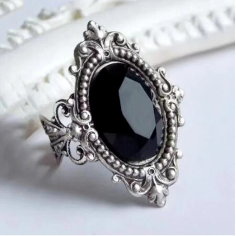 

Exquisite Silver Color Black Onyx Eternity Rings for Women Men Vintage Oval Zircon Ring Anniversary Gift Bridal Wedding Jewelry