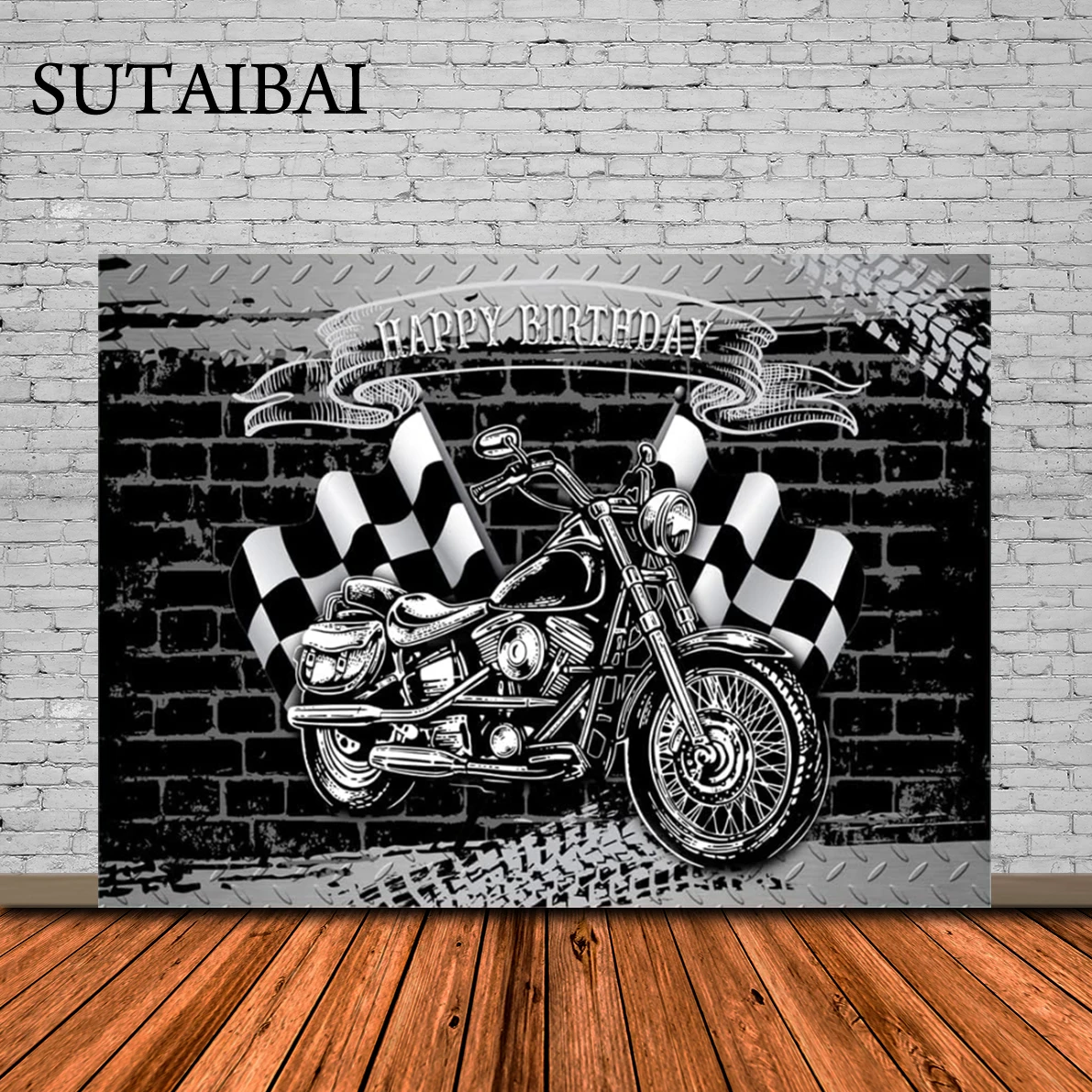 

Motorcycle Birthday Party Backdrop for Cool Black Motorcycle Black and White Flag Brick Wall Background for Men Birthday Party
