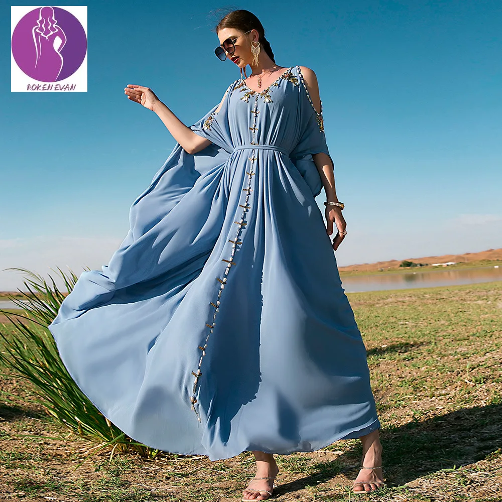 2022 Women Dress Hand-Sewn Diamond Long Dress Dubai Ladies Off The Shoulder Dress Abaya Turkey Moroccan Kaftan