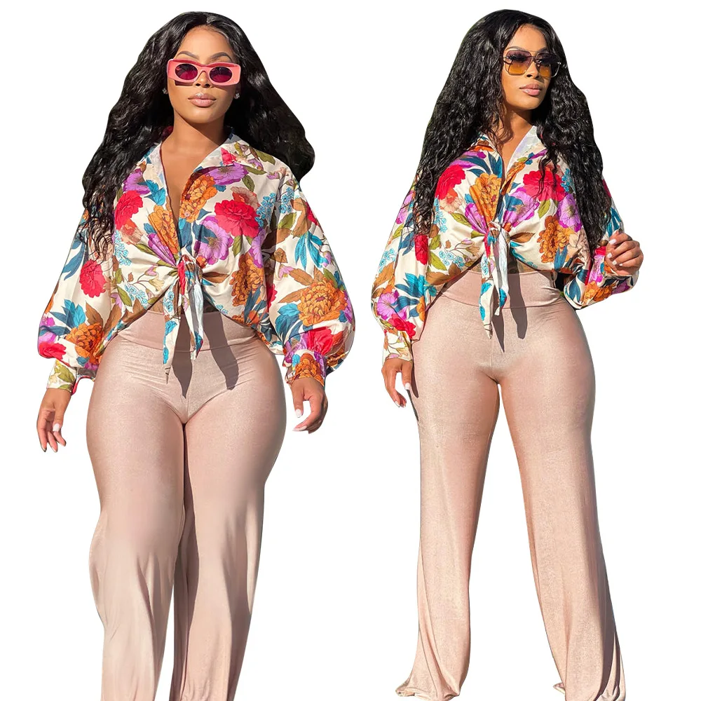 

2022 Autumn Long Sleeve Silk Lantern Sleeve Printed Shirt