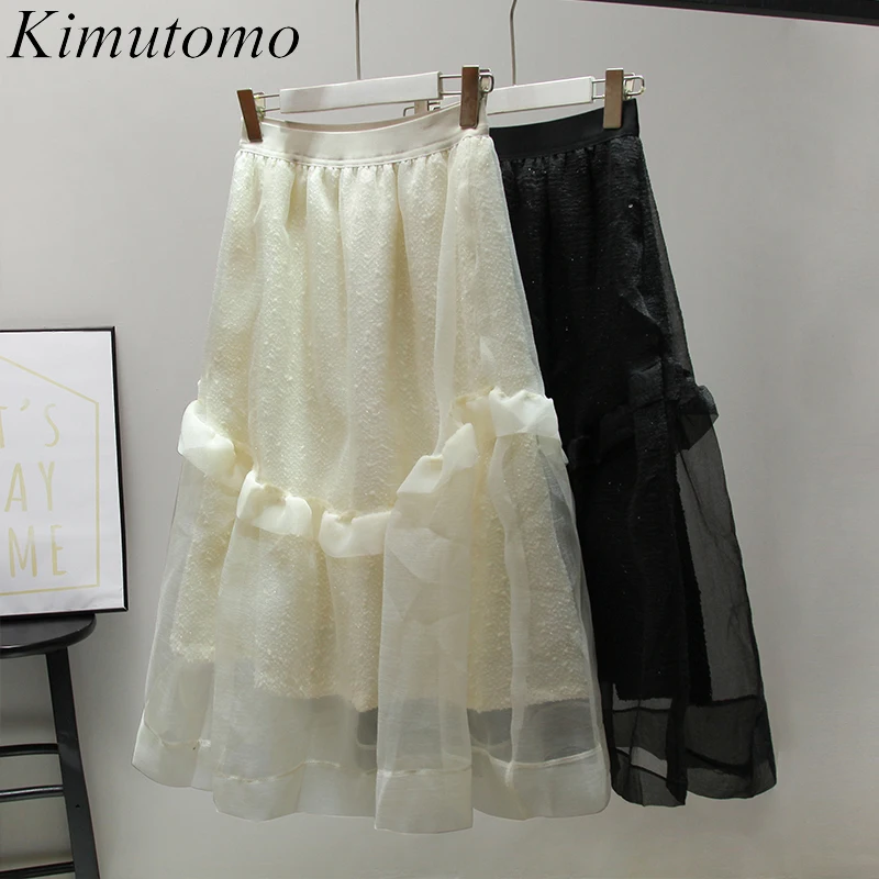 

Элегантная женская юбка Kimutomo 2022 Ранняя весна новая Корейская сетка с оборками с высокой талией универсальные трапециевидные юбки средней д...