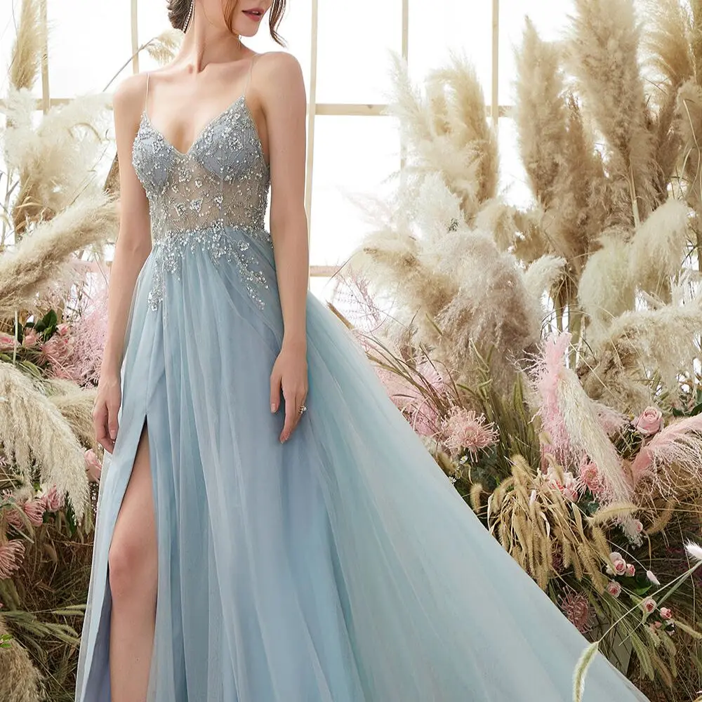 

Женское платье для выпускного из тюля, Элегантное синее платье на тонких бретельках с открытой спиной и разрезом