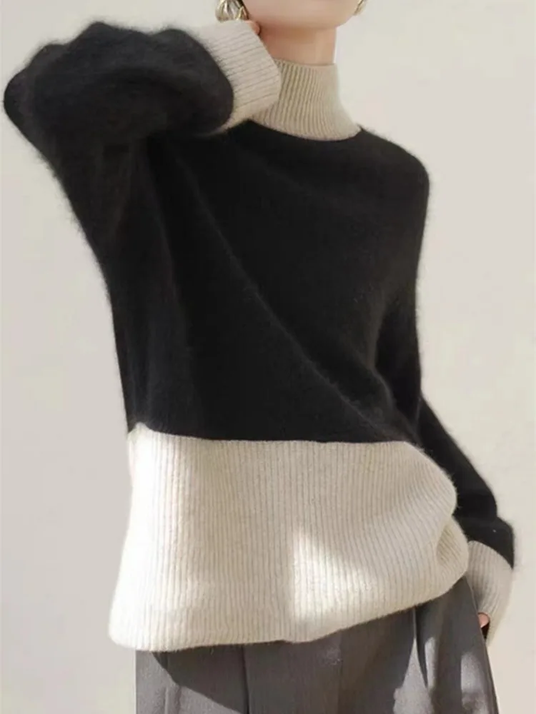 Пуловеры контрастных цветов женская одежда повседневный джемпер с полувысоким